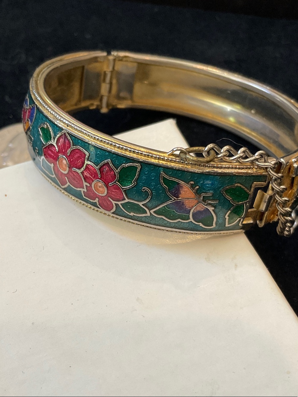 Gold-Tone Floral Enamel Bangle Bracelet in Teal, Pink and Green